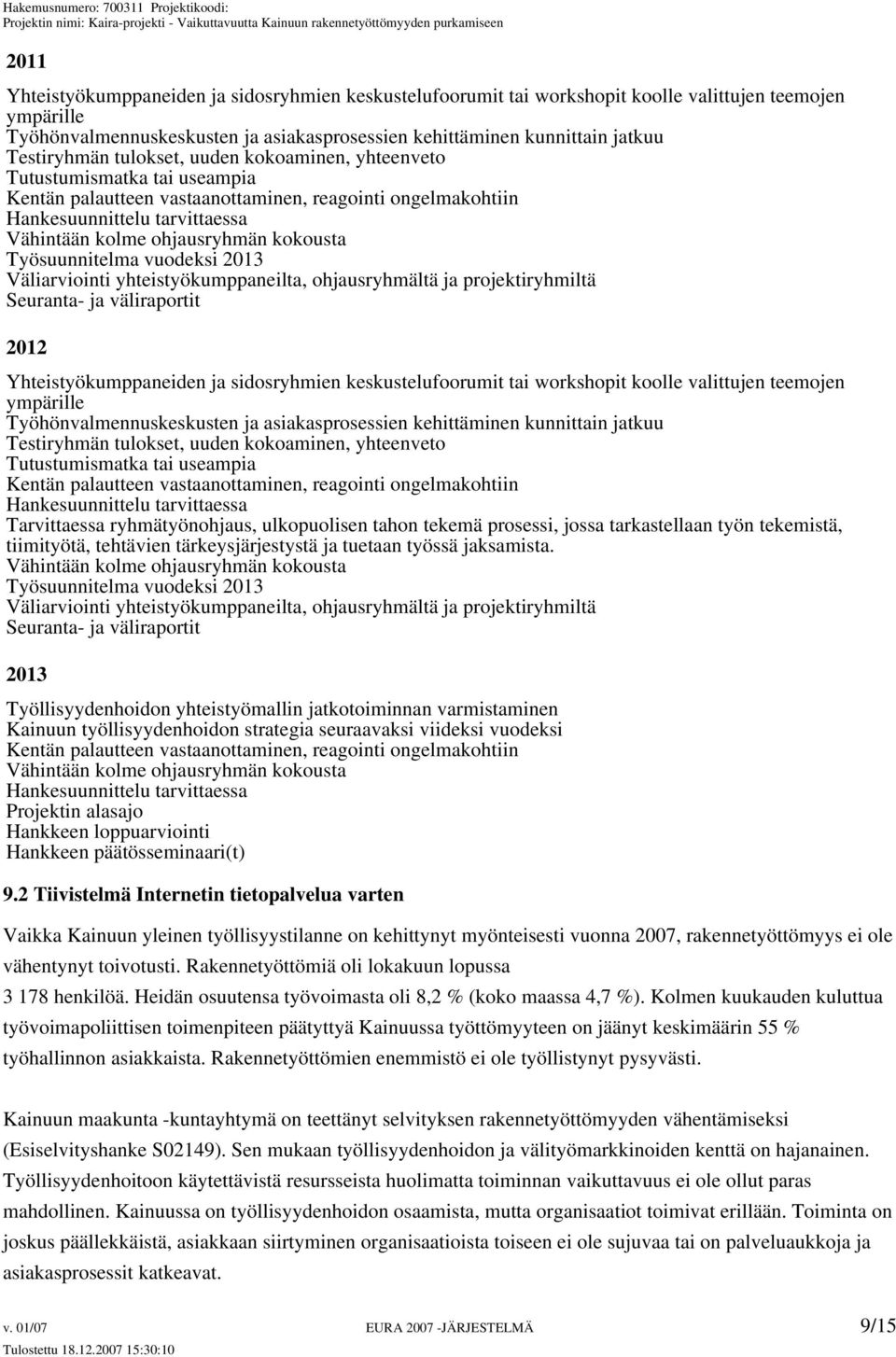 kokousta Työsuunnitelma vuodeksi 2013 Väliarviointi yhteistyökumppaneilta, ohjausryhmältä ja projektiryhmiltä Seuranta- ja väliraportit 2012 Yhteistyökumppaneiden ja sidosryhmien keskustelufoorumit