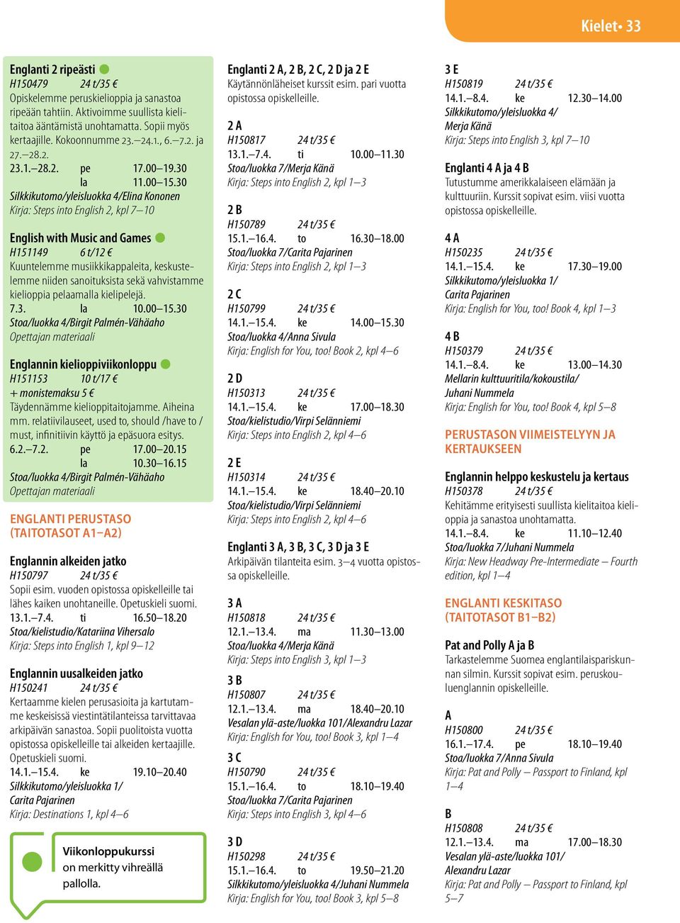 30 Silkkikutomo/yleisluokka 4/Elina Kononen Kirja: Steps into English 2, kpl 7 10 English with Music and Games H151149 6 t/12 Kuuntelemme musiikkikappaleita, keskustelemme niiden sanoituksista sekä