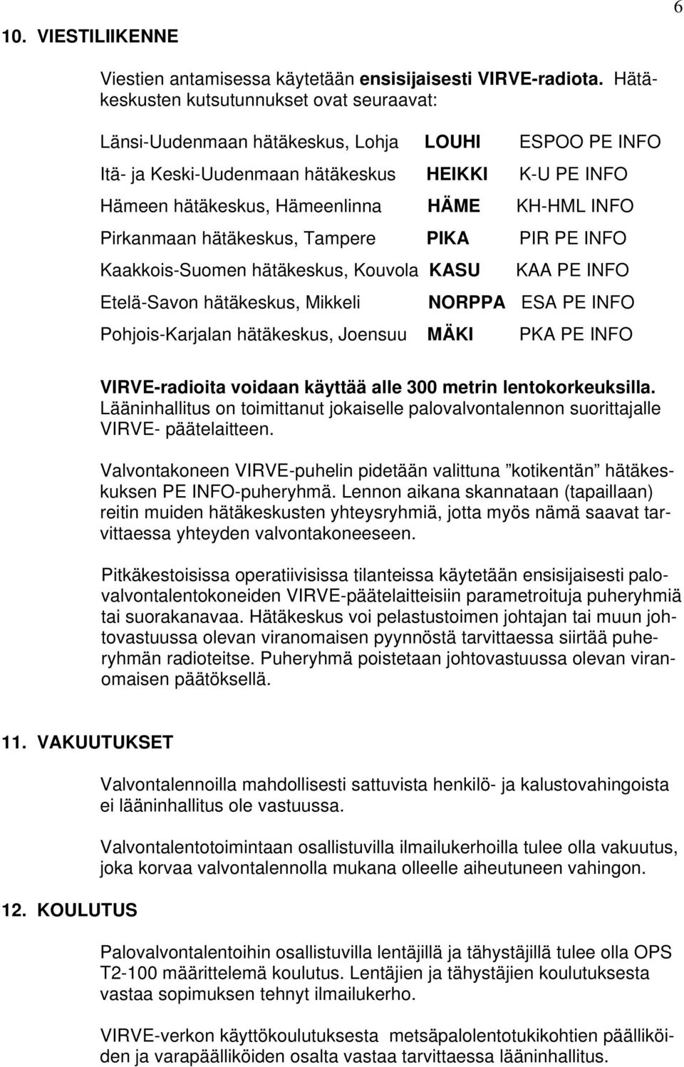 INFO Pirkanmaan hätäkeskus, Tampere PIKA PIR PE INFO Kaakkois-Suomen hätäkeskus, Kouvola KASU Etelä-Savon hätäkeskus, Mikkeli KAA PE INFO NORPPA ESA PE INFO Pohjois-Karjalan hätäkeskus, Joensuu MÄKI