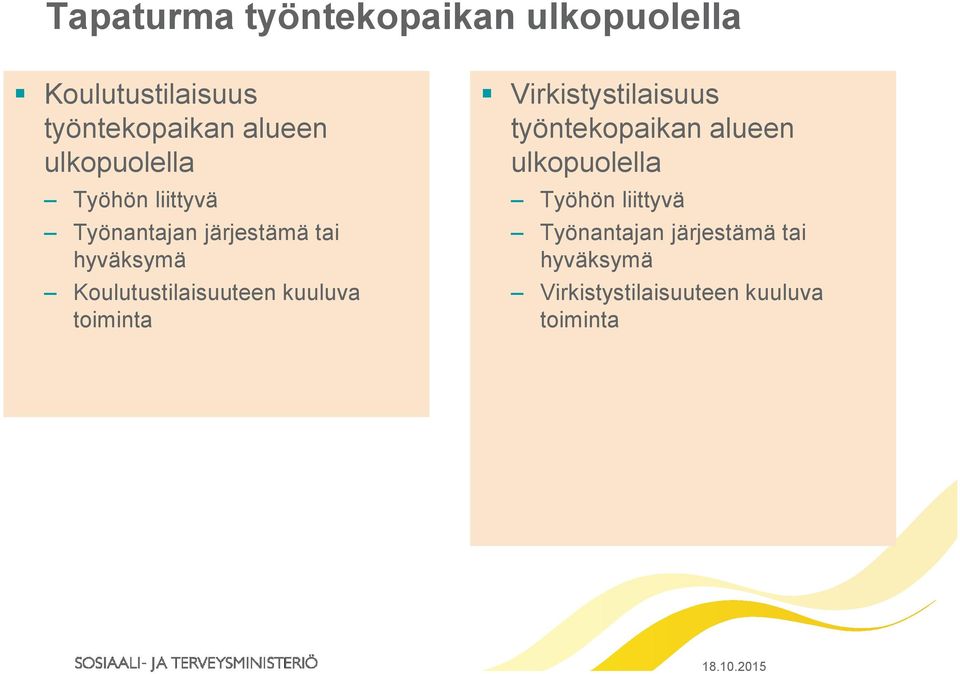 Koulutustilaisuuteen kuuluva toiminta Virkistystilaisuus työntekopaikan alueen 