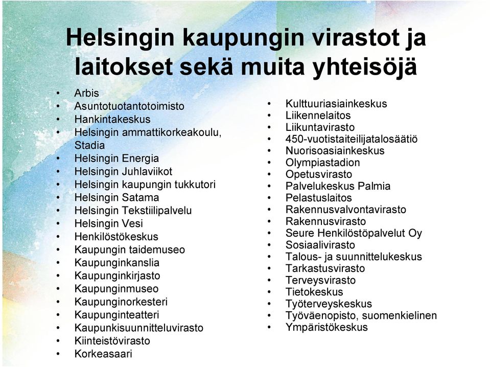 Kaupunginteatteri Kaupunkisuunnitteluvirasto Kiinteistövirasto Korkeasaari Kulttuuriasiainkeskus Liikennelaitos Liikuntavirasto 450-vuotistaiteilijatalosäätiö Nuorisoasiainkeskus Olympiastadion