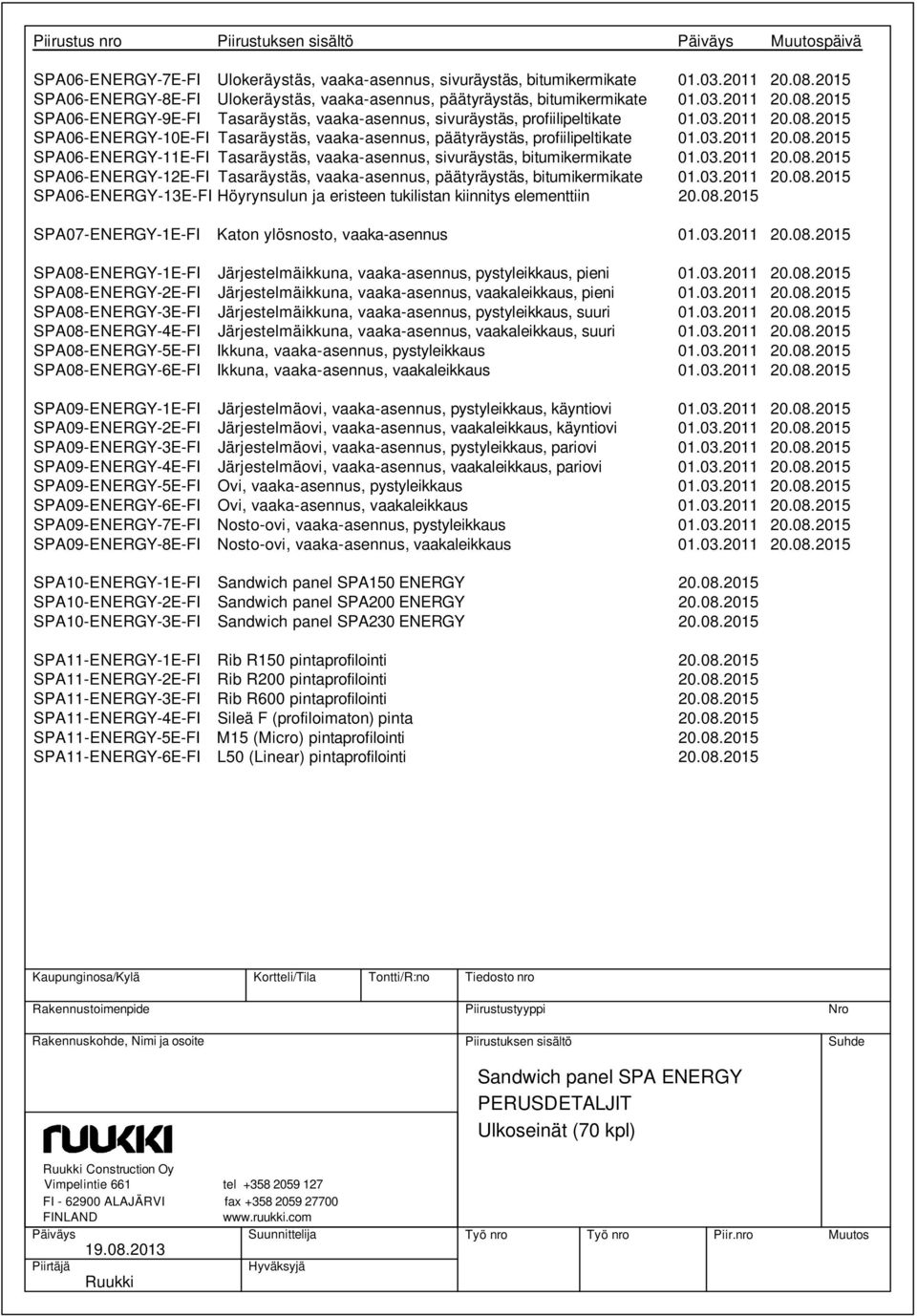 bitumikermikate SPA06-ENERGY-12E-FI Tasaräystäs, vaaka-asennus, päätyräystäs, bitumikermikate SPA06-ENERGY-13E-FI Höyrynsulun ja eristeen tukilistan kiinnitys elementtiin SPA07-ENERGY-1E-FI Katon