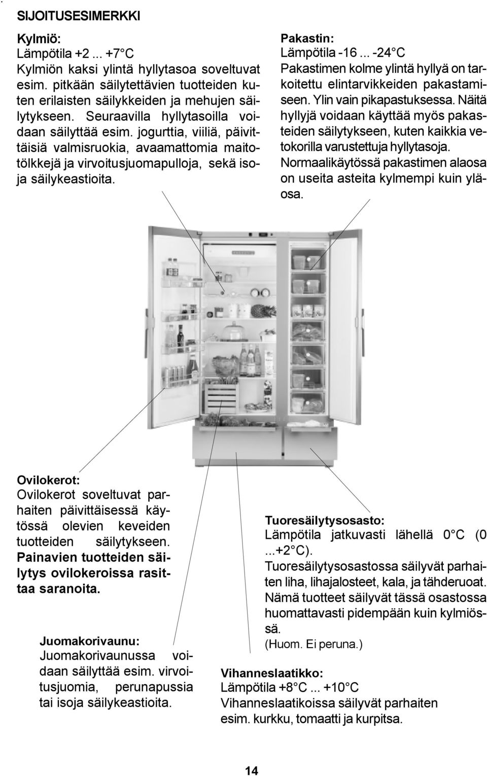 Pakastin: Lämpötila -16... -24 C Pakastimen kolme ylintä hyllyä on tarkoitettu elintarvikkeiden pakastamiseen. Ylin vain pikapastuksessa.