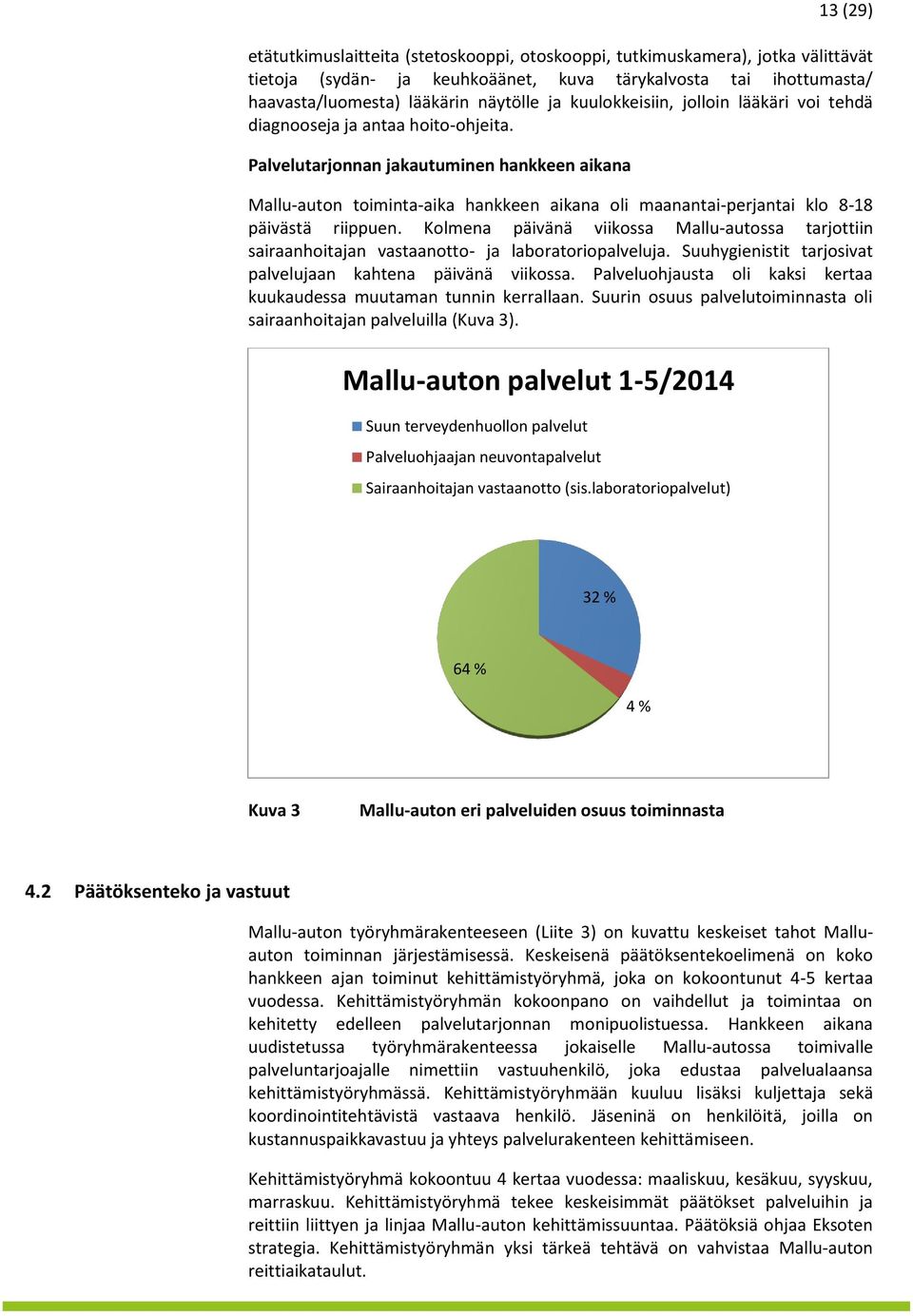 Palvelutarjonnan jakautuminen hankkeen aikana Mallu-auton toiminta-aika hankkeen aikana oli maanantai-perjantai klo 8-18 päivästä riippuen.