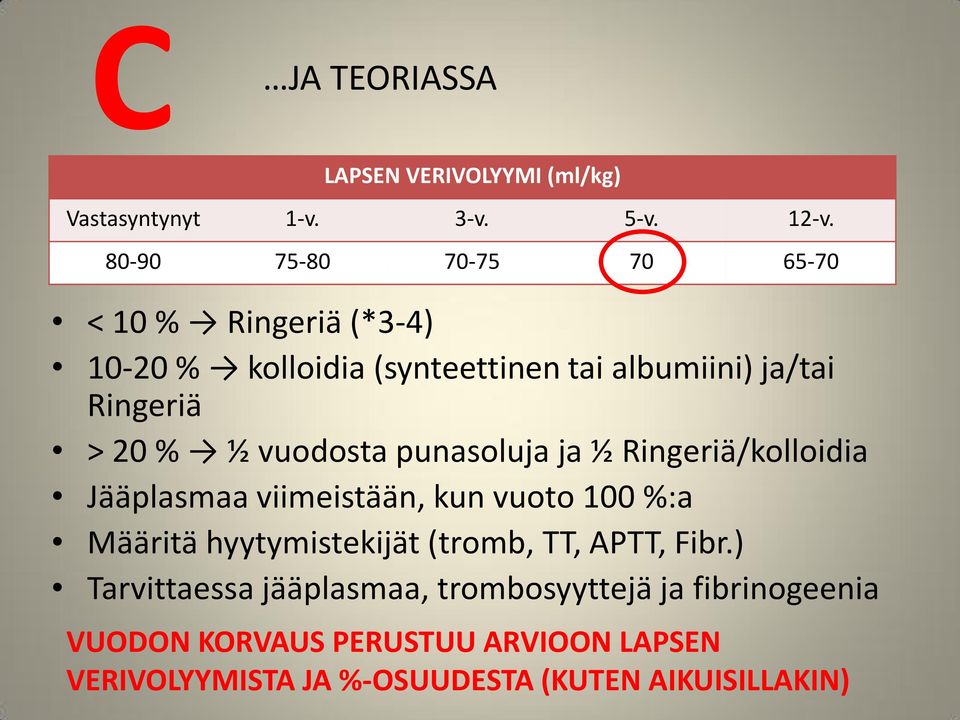 ½ vuodosta punasoluja ja ½ Ringeriä/kolloidia Jääplasmaa viimeistään, kun vuoto 100 %:a Määritä hyytymistekijät (tromb,