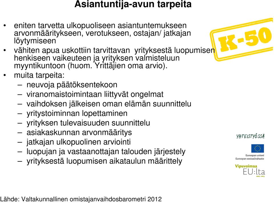 muita tarpeita: neuvoja päätöksentekoon viranomaistoimintaan liittyvät ongelmat vaihdoksen jälkeisen oman elämän suunnittelu yritystoiminnan lopettaminen yrityksen