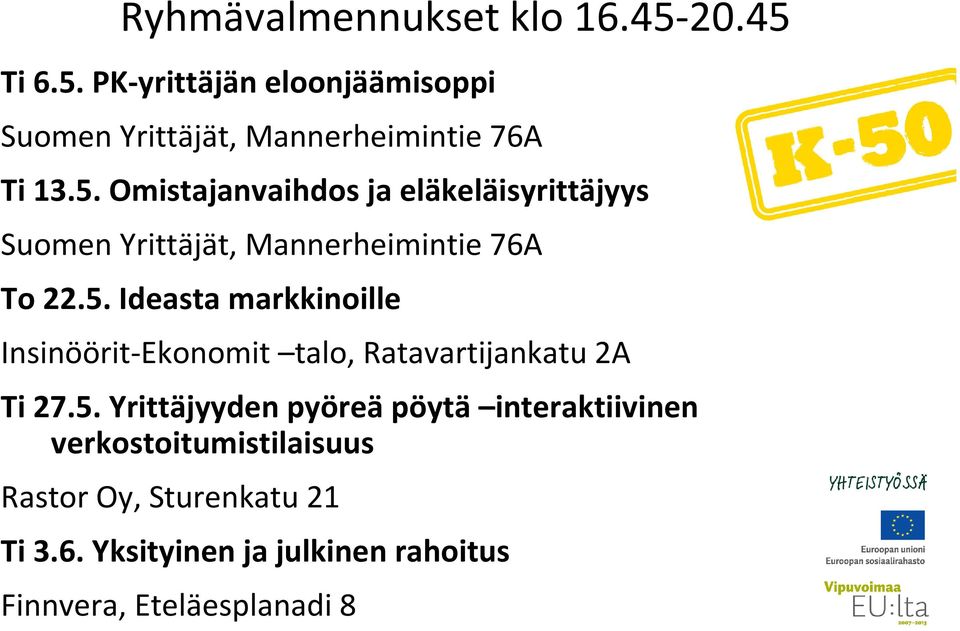 5. Yrittäjyyden pyöreäpöytä interaktiivinen verkostoitumistilaisuus Rastor Oy, Sturenkatu 21 Ti 3.6.