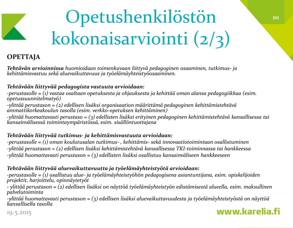 opetussuunnitelmatyö) -ylittää perustason = (2) edellisen lisäksi organisaation määrittämä pedagoginen kehittämistehtävä ammattikorkeakoulun tasolla (esim.