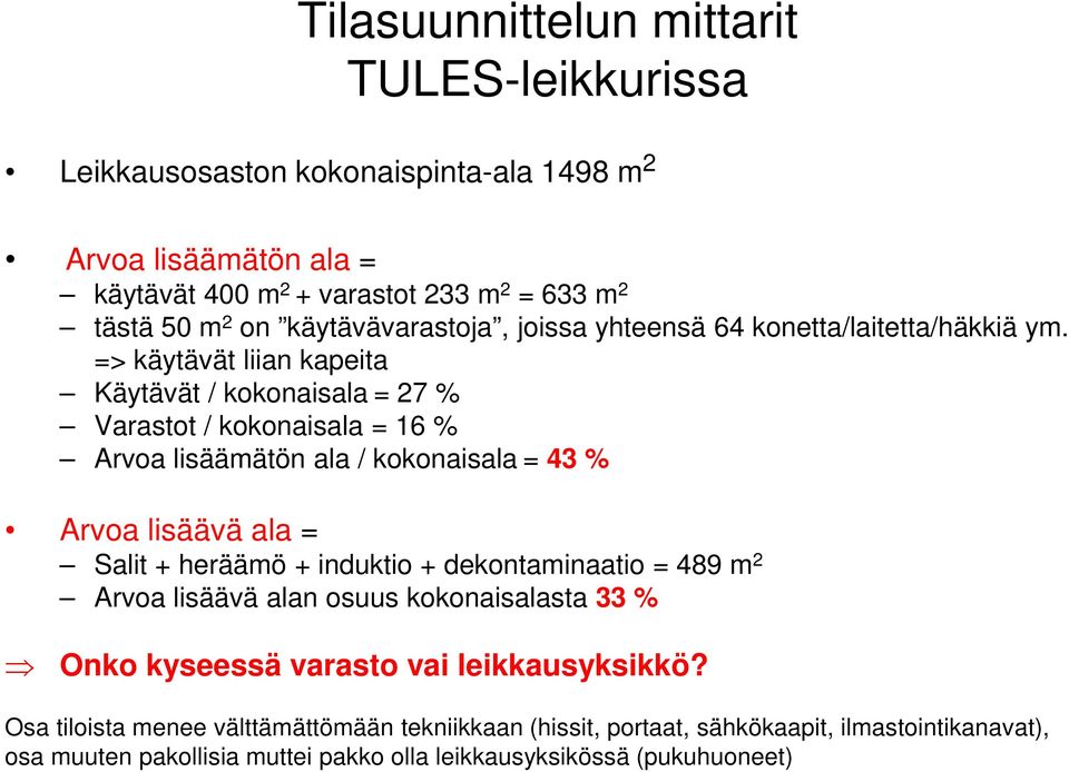 => käytävät liian kapeita Käytävät / kokonaisala = 27 % Varastot / kokonaisala = 16 % Arvoa lisäämätön ala / kokonaisala = 43 % Arvoa lisäävä ala = Salit + heräämö + induktio