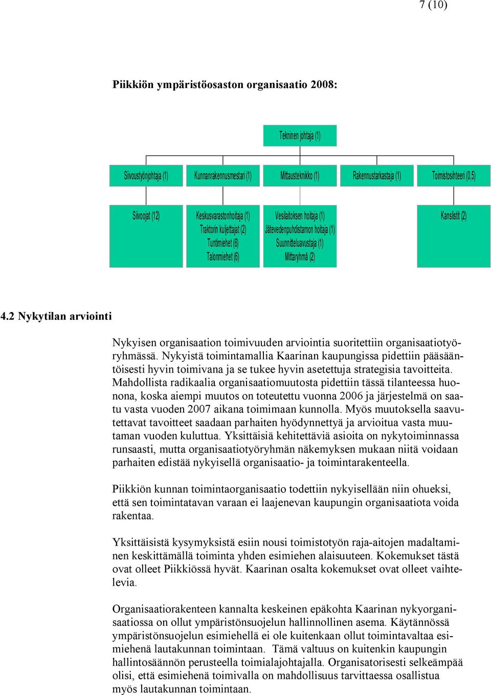 (2) 4.2 Nykytilan arviointi Nykyisen organisaation toimivuuden arviointia suoritettiin organisaatiotyöryhmässä.
