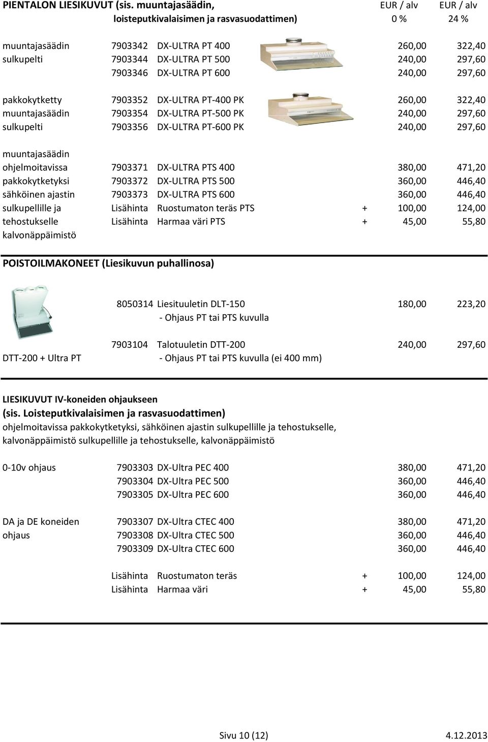 PT 600 240,00 297,60 pakkokytketty 7903352 DX-ULTRA PT-400 PK 260,00 322,40 muuntajasäädin 7903354 DX-ULTRA PT-500 PK 240,00 297,60 sulkupelti 7903356 DX-ULTRA PT-600 PK 240,00 297,60 muuntajasäädin