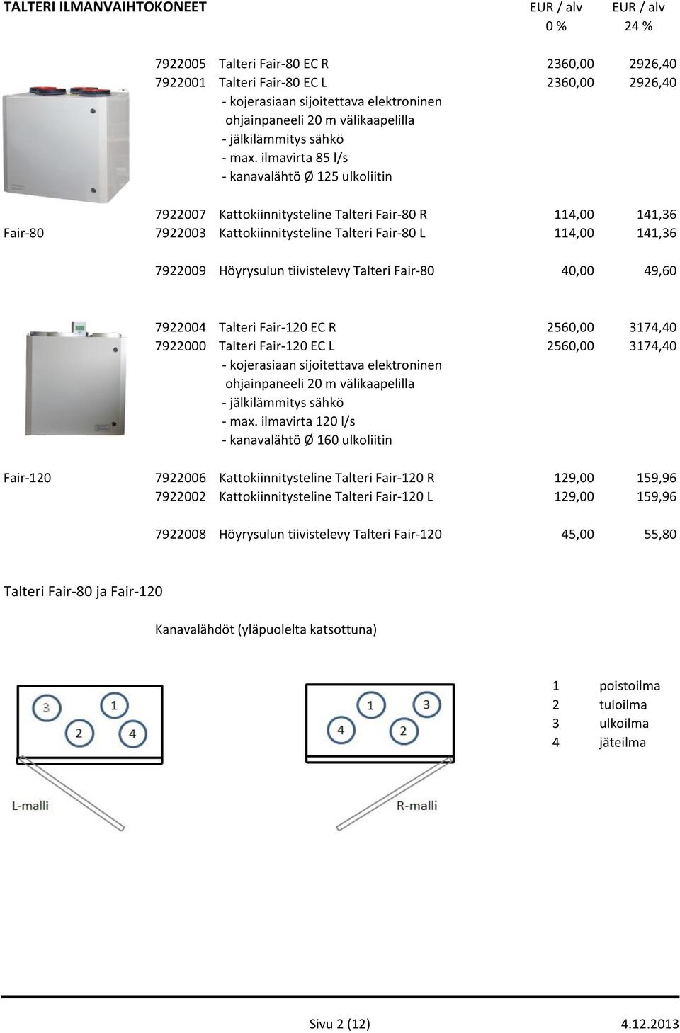 ilmavirta 85 l/s - kanavalähtö Ø 125 ulkoliitin 7922007 Kattokiinnitysteline Talteri Fair-80 R 114,00 141,36 Fair-80 7922003 Kattokiinnitysteline Talteri Fair-80 L 114,00 141,36 7922009 Höyrysulun