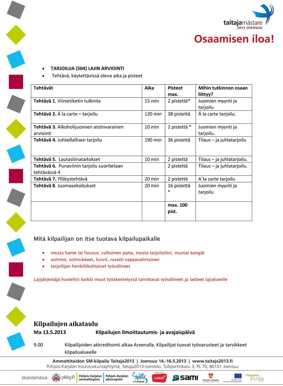 Alkoholijuomien aistinvarainen 10 min 2 pistettä * Juomien myynti ja arviointi tarjoilu. Tehtävä 4. Juhlaillallisen tarjoilu 190 min 36 pistettä Tilaus ja juhlatarjoilu Tehtävä 5.