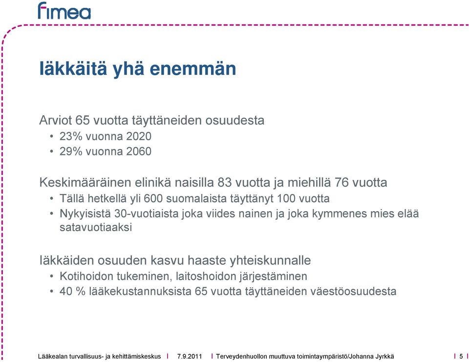 elää satavuotiaaksi Iäkkäiden osuuden kasvu haaste yhteiskunnalle Kotihoidon tukeminen, laitoshoidon järjestäminen 40 % lääkekustannuksista 65