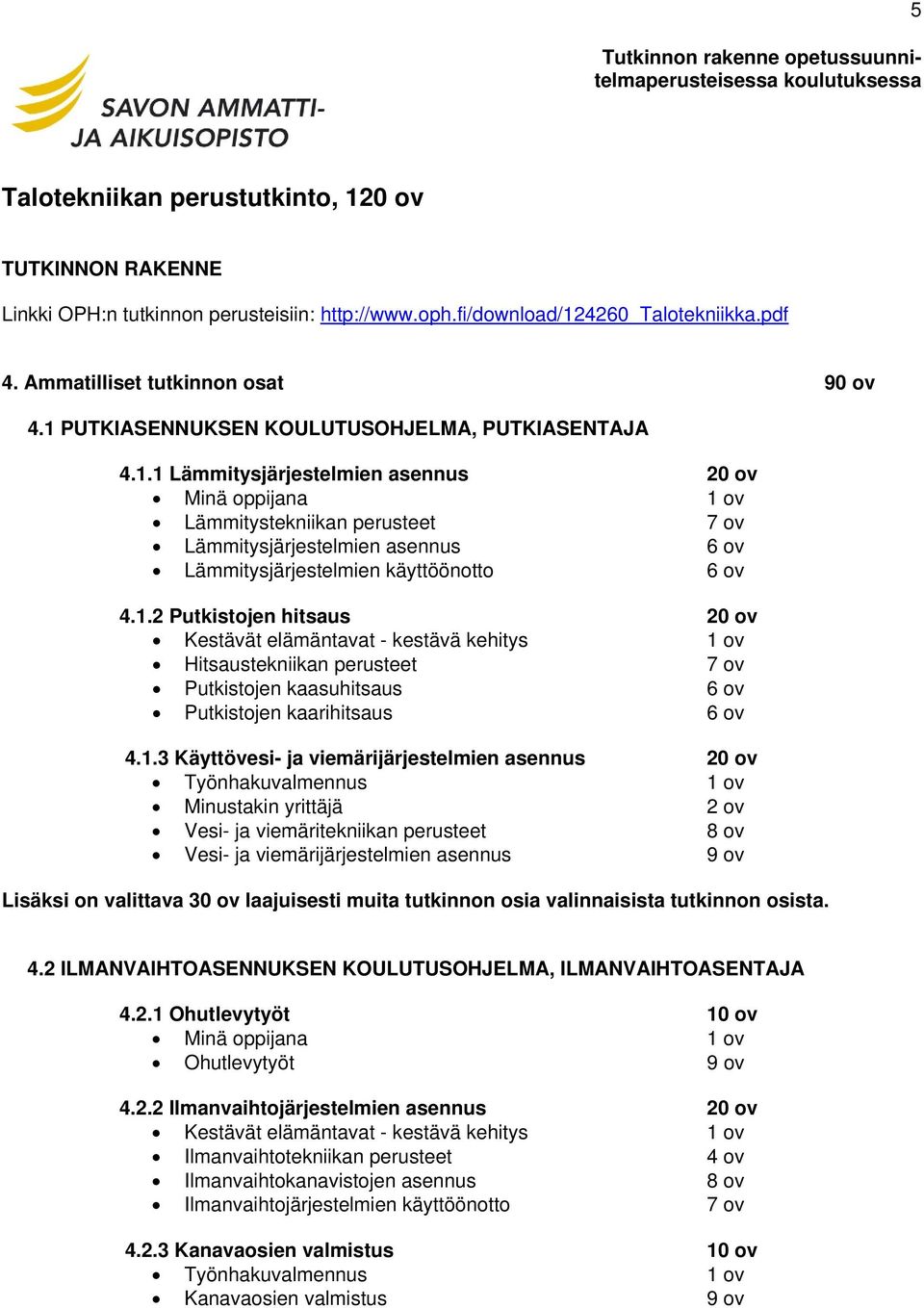 PUTKIASENNUKSEN KOULUTUSOHJELMA, PUTKIASENTAJA 4.1.