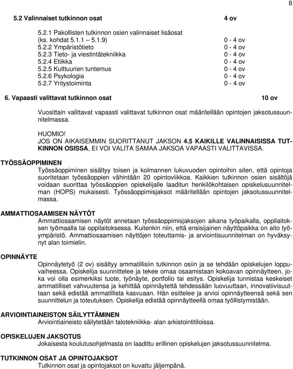 Vapaasti valittavat tutkinnon osat 10 ov Vuosittain valittavat vapaasti valittavat tutkinnon osat määritellään opintojen jaksotussuunnitelmassa. HUOMIO! JOS ON AIKAISEMMIN SUORITTANUT JAKSON 4.