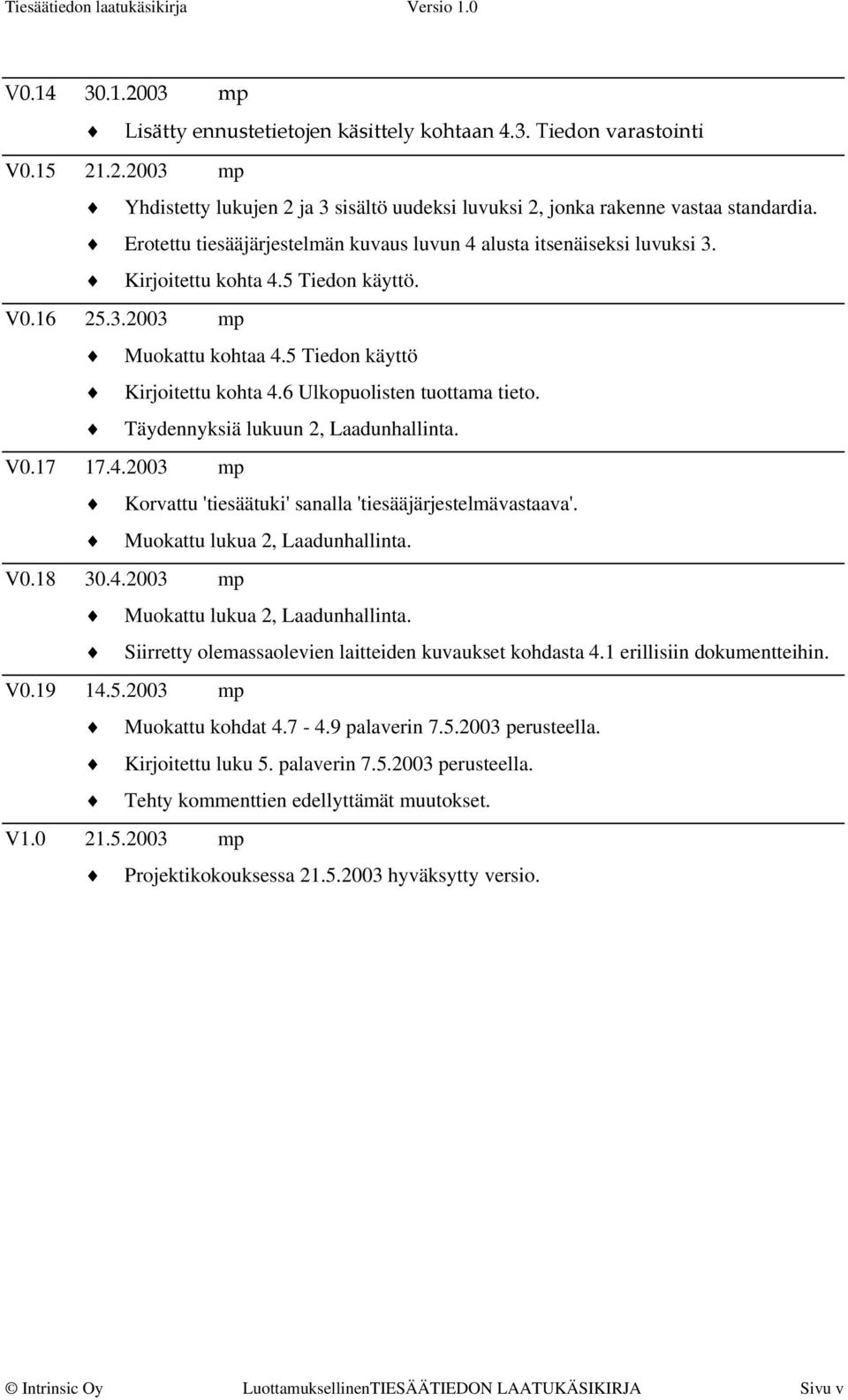 6 Ulkopuolisten tuottama tieto. Täydennyksiä lukuun 2, Laadunhallinta. V0.17 17.4.2003 mp Korvattu 'tiesäätuki' sanalla 'tiesääjärjestelmävastaava'. Muokattu lukua 2, Laadunhallinta. V0.18 30.4.2003 mp Muokattu lukua 2, Laadunhallinta.