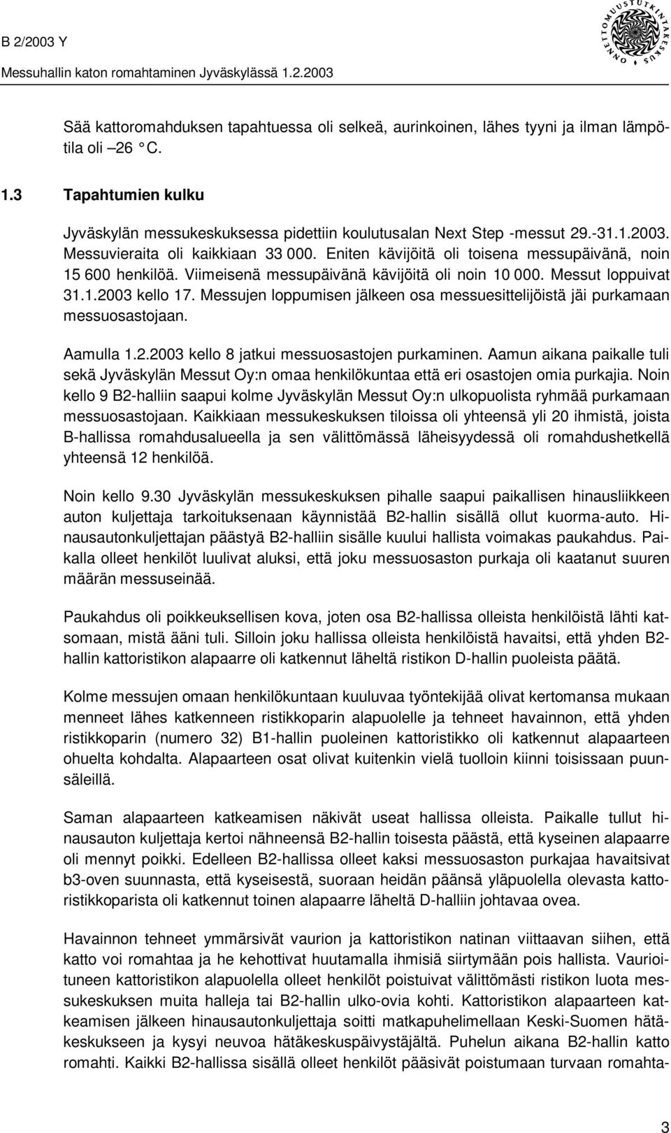 Messujen loppumisen jälkeen osa messuesittelijöistä jäi purkamaan messuosastojaan. Aamulla 1.2.2003 kello 8 jatkui messuosastojen purkaminen.