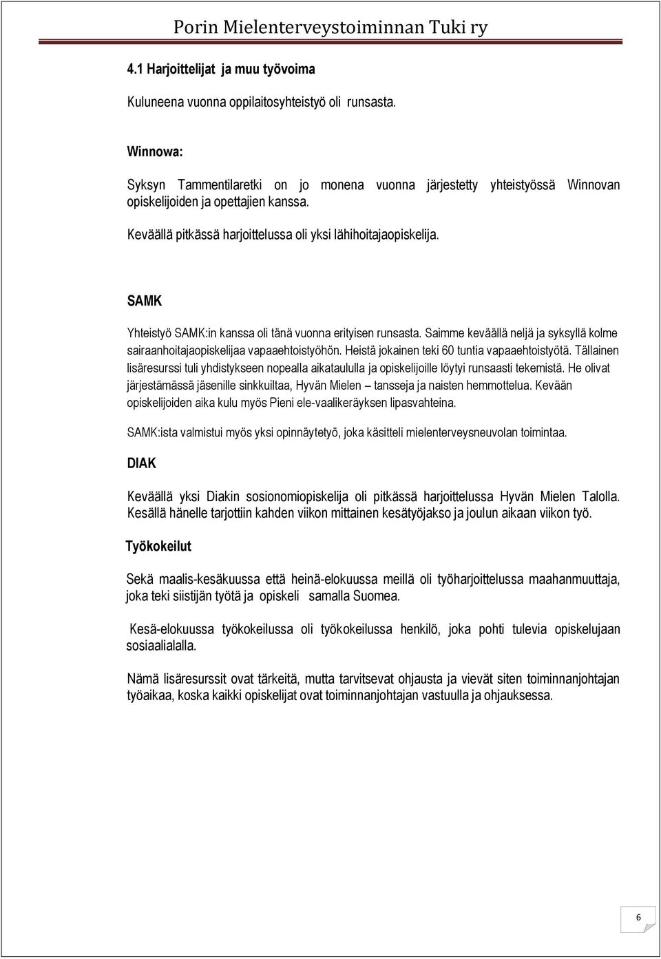 SAMK Yhteistyö SAMK:in kanssa oli tänä vuonna erityisen runsasta. Saimme keväällä neljä ja syksyllä kolme sairaanhoitajaopiskelijaa vapaaehtoistyöhön. Heistä jokainen teki 60 tuntia vapaaehtoistyötä.