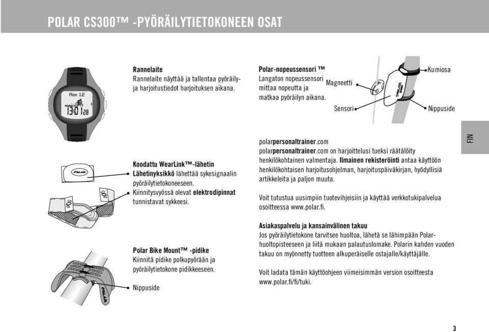 Sensori Kumiosa Nippuside Koodattu WearLink -lähetin Lähetinyksikkö lähettää sykesignaalin pyöräilytietokoneeseen. Kiinnitysvyössä olevat elektrodipinnat tunnistavat sykkeesi. polarpersonaltrainer.