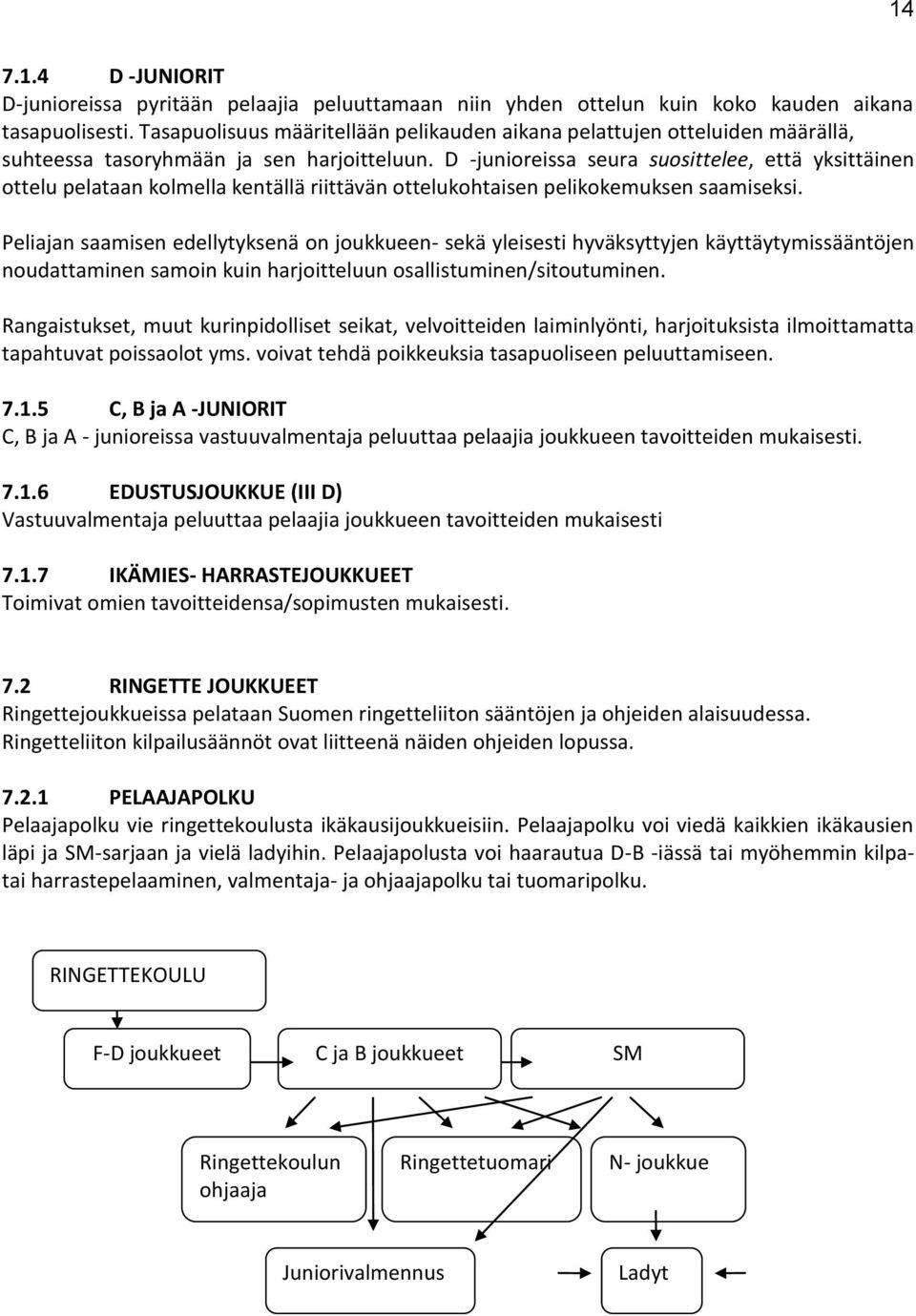 D -junioreissa seura suosittelee, että yksittäinen ottelu pelataan kolmella kentällä riittävän ottelukohtaisen pelikokemuksen saamiseksi.