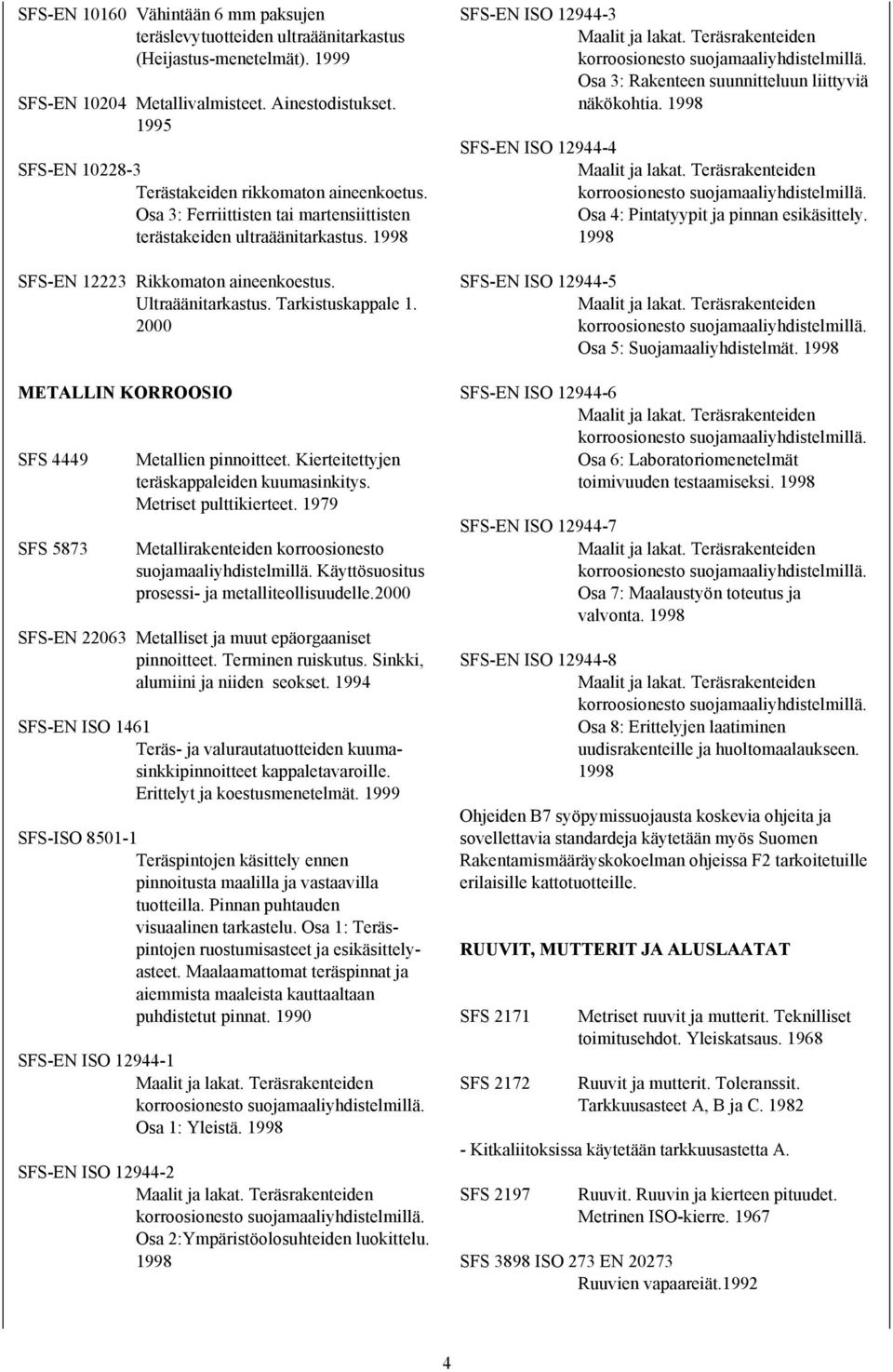 Tarkistuskappale 1. 2000 METALLIN KORROOSIO SFS 4449 SFS 5873 Metallien pinnoitteet. Kierteitettyjen teräskappaleiden kuumasinkitys. Metriset pulttikierteet.