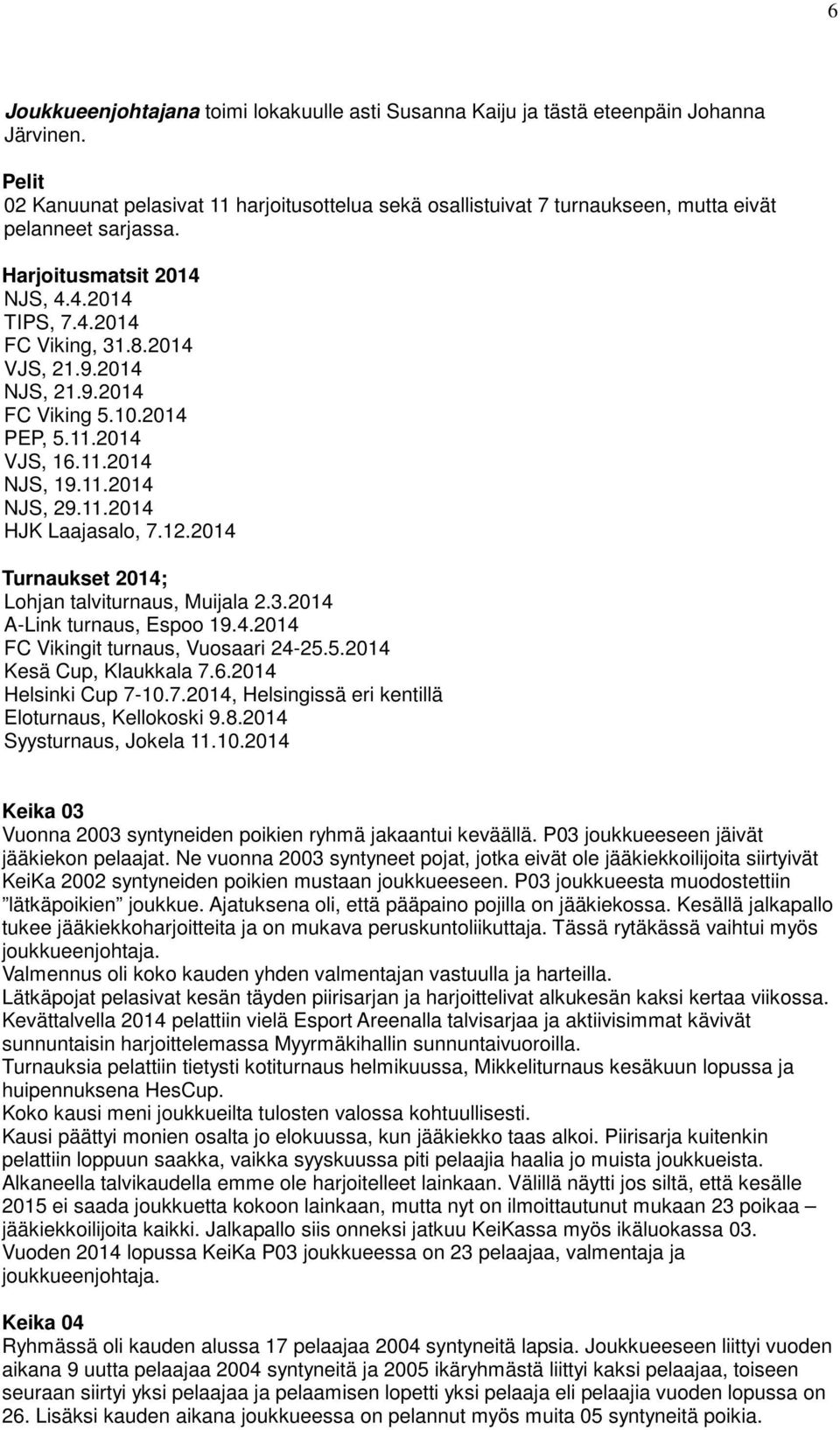 2014 NJS, 21.9.2014 FC Viking 5.10.2014 PEP, 5.11.2014 VJS, 16.11.2014 NJS, 19.11.2014 NJS, 29.11.2014 HJK Laajasalo, 7.12.2014 Turnaukset 2014; Lohjan talviturnaus, Muijala 2.3.