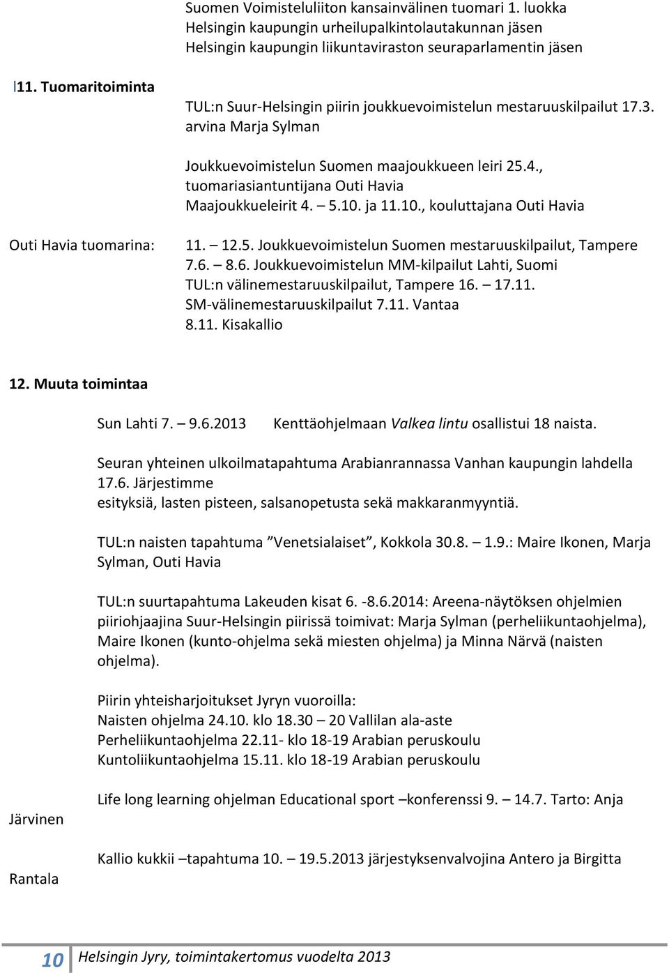 , tuomariasiantuntijana Outi Havia Maajoukkueleirit 4. 5.10. ja 11.10., kouluttajana Outi Havia Outi Havia tuomarina: 11. 12.5. Joukkuevoimistelun Suomen mestaruuskilpailut, Tampere 7.6.