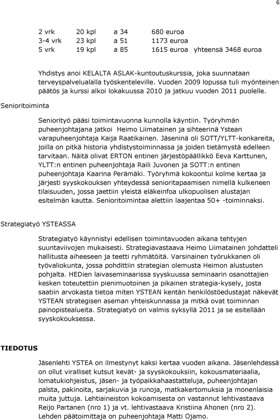 Työryhmän puheenjohtajana jatkoi Heimo Liimatainen ja sihteerinä Ystean varapuheenjohtaja Kaija Raatikainen.