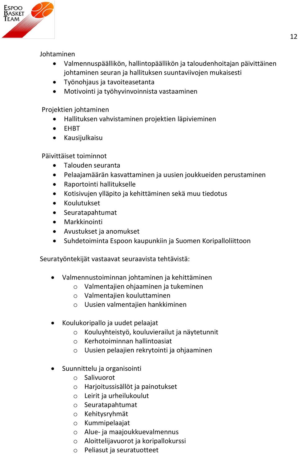 joukkueiden perustaminen Raportointi hallitukselle Kotisivujen ylläpito ja kehittäminen sekä muu tiedotus Koulutukset Seuratapahtumat Markkinointi Avustukset ja anomukset Suhdetoiminta Espoon