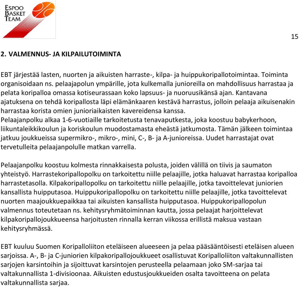 Kantavana ajatuksena on tehdä koripallosta läpi elämänkaaren kestävä harrastus, jolloin pelaaja aikuisenakin harrastaa korista omien junioriaikaisten kavereidensa kanssa.