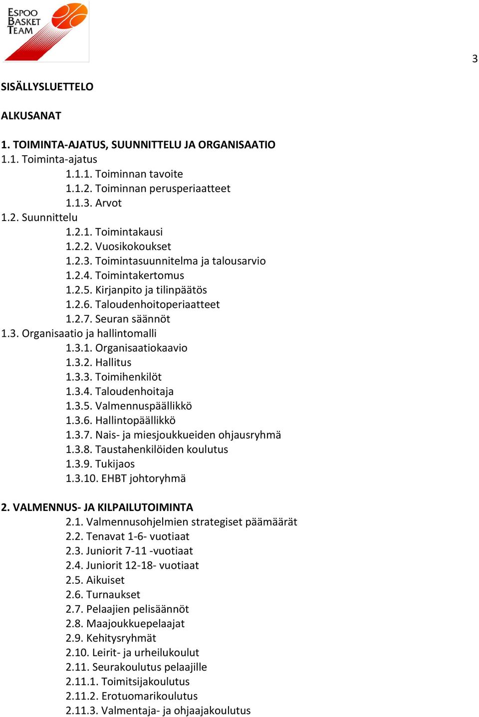 3.1. Organisaatiokaavio 1.3.2. Hallitus 1.3.3. Toimihenkilöt 1.3.4. Taloudenhoitaja 1.3.5. Valmennuspäällikkö 1.3.6. Hallintopäällikkö 1.3.7. Nais- ja miesjoukkueiden ohjausryhmä 1.3.8.