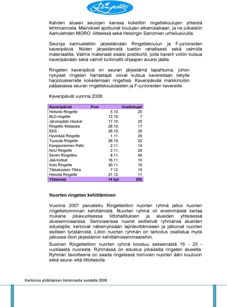 Seuroja kannustettiin järjestämään Ringettekoulun ja F-junioreiden kaveripäiviä. Niiden järjestämistä tuettiin rahallisesti sekä valmiilla materiaalilla.
