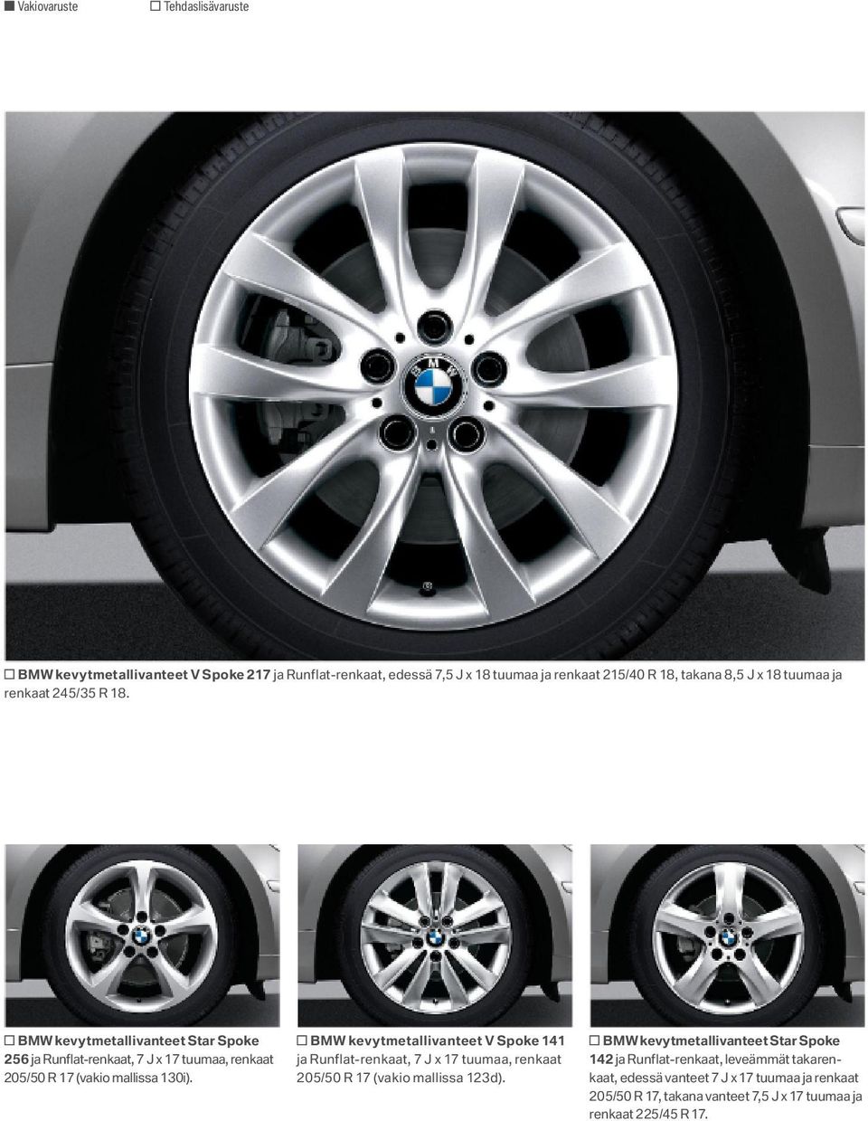 o BMW kevytmetallivanteet V Spoke 141 ja Runflat-renkaat, 7 J x 17 tuumaa, renkaat 205/50 R 17 (vakio mallissa 123d).