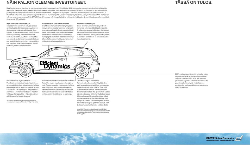 Se pitää sisällään jopa Hydrogen-vetopolttoainetekniikan, jolla varustettu BMW 7-sarjan malli Hydrogen 7 liikkuu jo nyt täysin pakokaasupäästöttömästi, ja BMW ActiveHybridin, jossa on nerokas ja