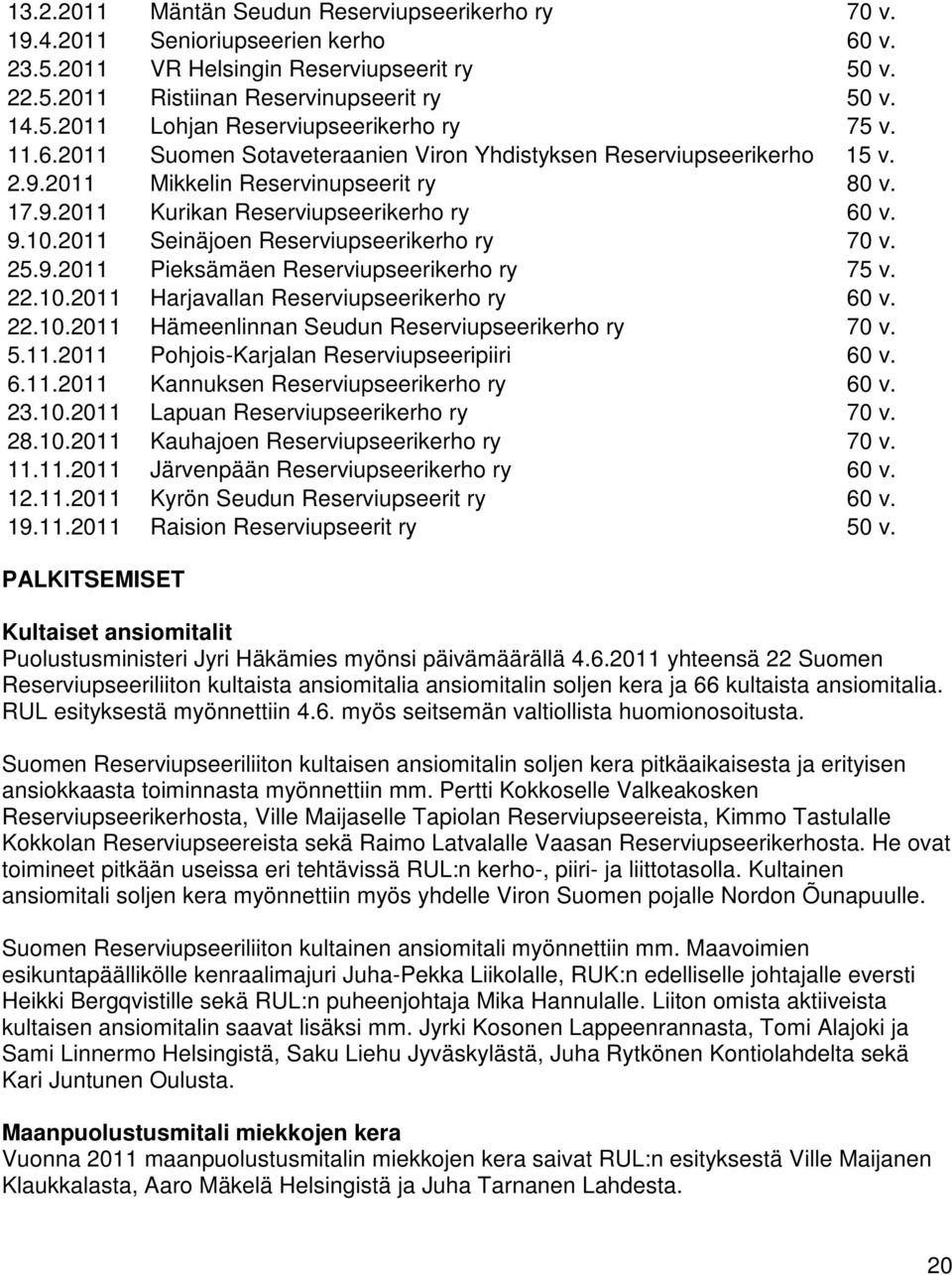 2011 Seinäjoen Reserviupseerikerho ry 70 v. 25.9.2011 Pieksämäen Reserviupseerikerho ry 75 v. 22.10.2011 Harjavallan Reserviupseerikerho ry 60 v. 22.10.2011 Hämeenlinnan Seudun Reserviupseerikerho ry 70 v.