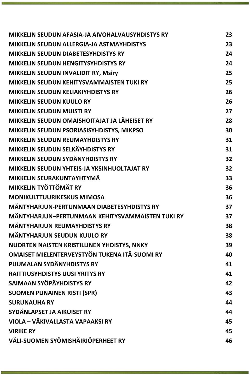 LÄHEISET RY 28 MIKKELIN SEUDUN PSORIASISYHDISTYS, MIKPSO 30 MIKKELIN SEUDUN REUMAYHDISTYS RY 31 MIKKELIN SEUDUN SELKÄYHDISTYS RY 31 MIKKELIN SEUDUN SYDÄNYHDISTYS RY 32 MIKKELIN SEUDUN YHTEIS-JA