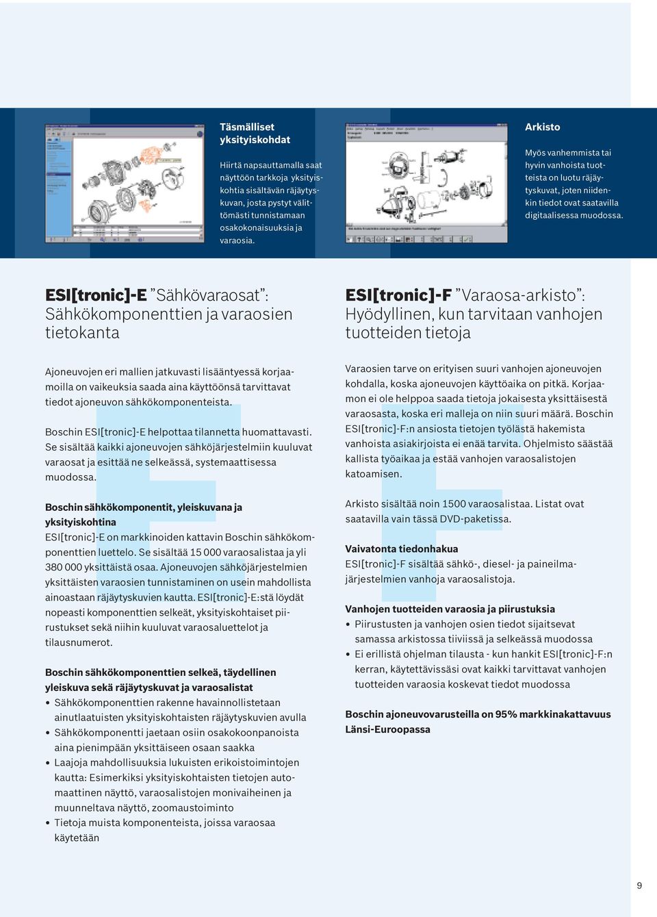 ESI[tronic]-E Sähkövaraosat : Sähkökomponenttien ja varaosien tietokanta E Ajoneuvojen eri mallien jatkuvasti lisääntyessä korjaamoilla on vaikeuksia saada aina käyttöönsä tarvittavat tiedot