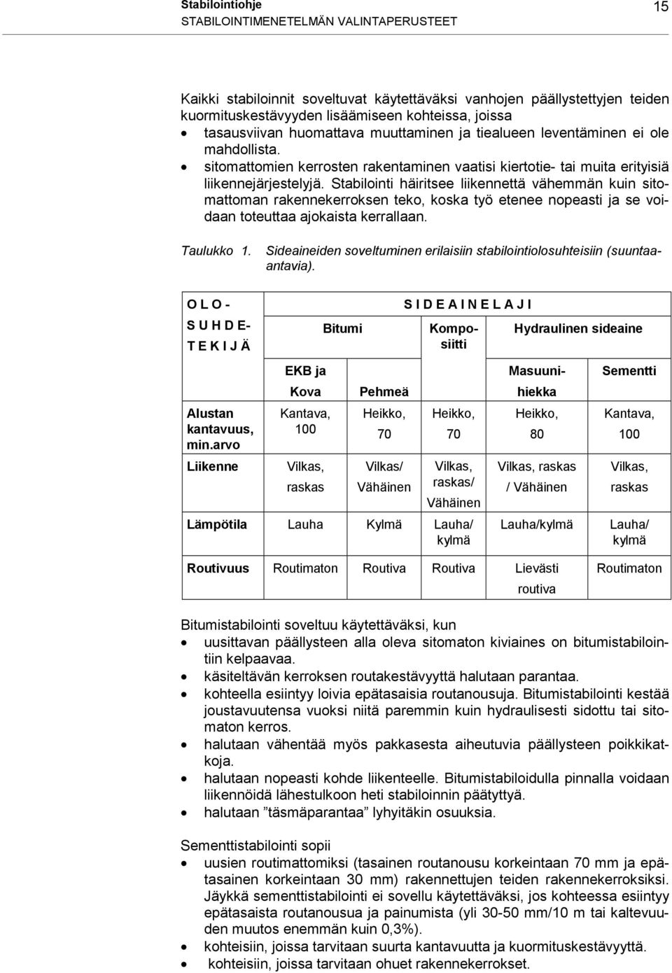 Stabilointi häiritsee liikennettä vähemmän kuin sitomattoman rakennekerroksen teko, koska työ etenee nopeasti ja se voidaan toteuttaa ajokaista kerrallaan. Taulukko 1.