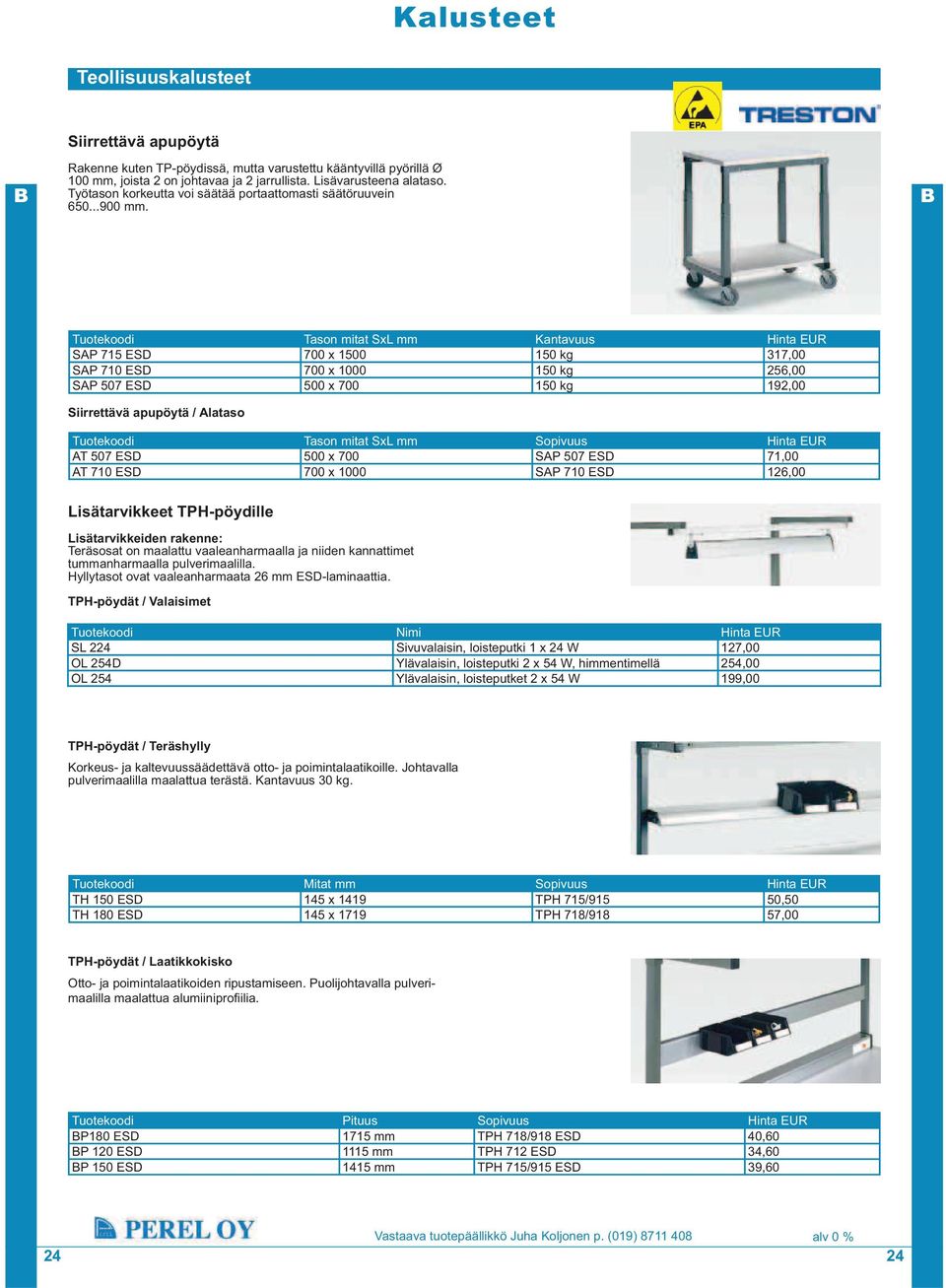 Tuotekoodi Tason mitat SxL mm Kantavuus Hinta EUR SAP 715 ESD 700 x 1500 150 kg 317,00 SAP 710 ESD 700 x 1000 150 kg 256,00 SAP 507 ESD 500 x 700 150 kg 192,00 Siirrettävä apupöytä / Alataso