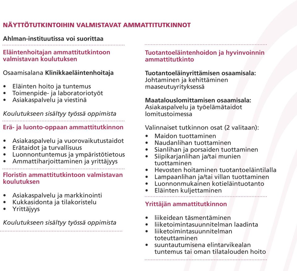 turvallisuus Luonnontuntemus ja ympäristötietous Ammattiharjoittaminen ja yrittäjyys Floristin ammattitutkintoon valmistavan koulutuksen Asiakaspalvelu ja markkinointi Kukkasidonta ja tilakoristelu