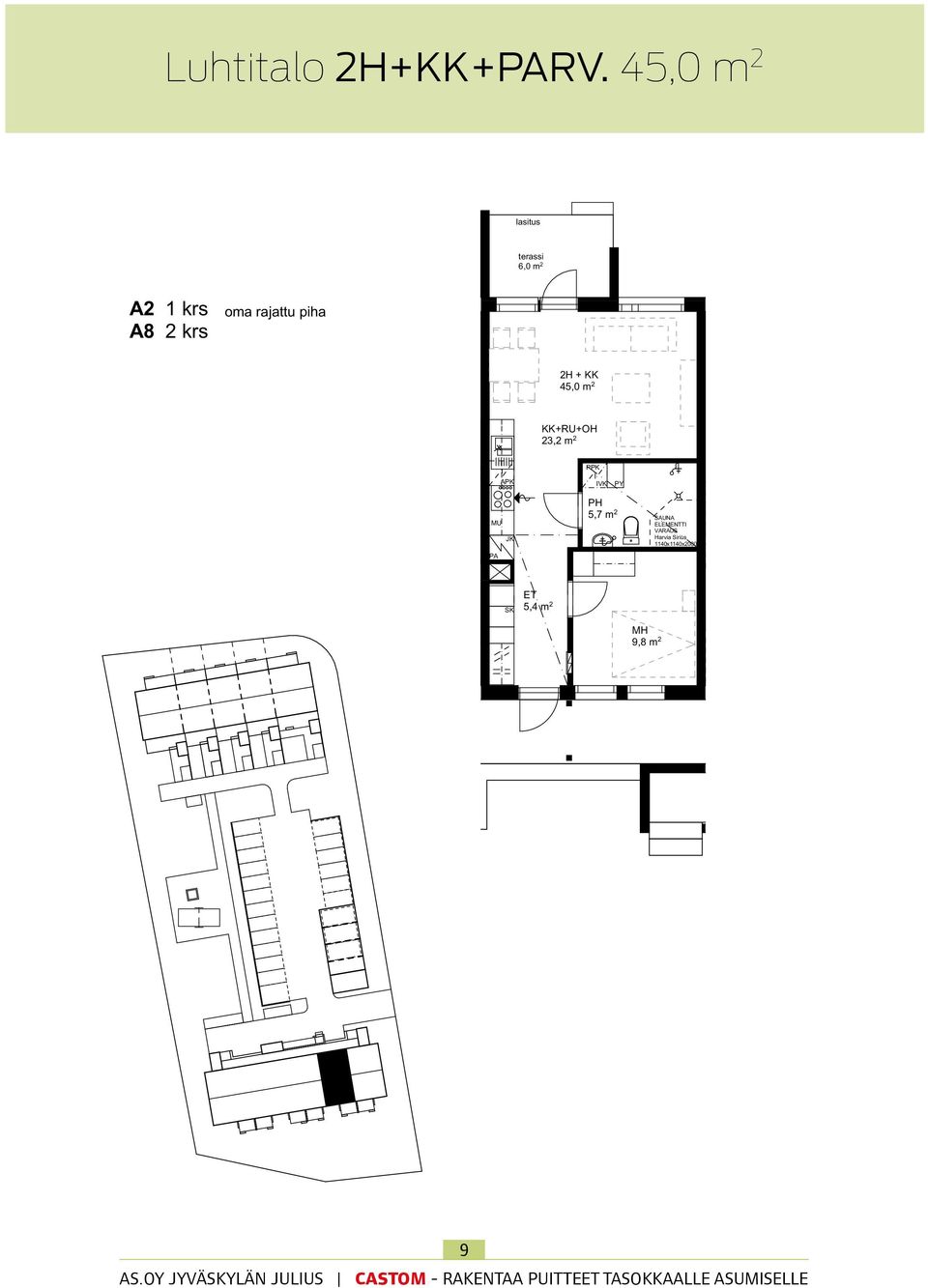 + KK 45,0 m 2 KK+RU+OH 23,2 m 2 APK PPK IVK PY MU PH 5,7 m 2 SAUNA