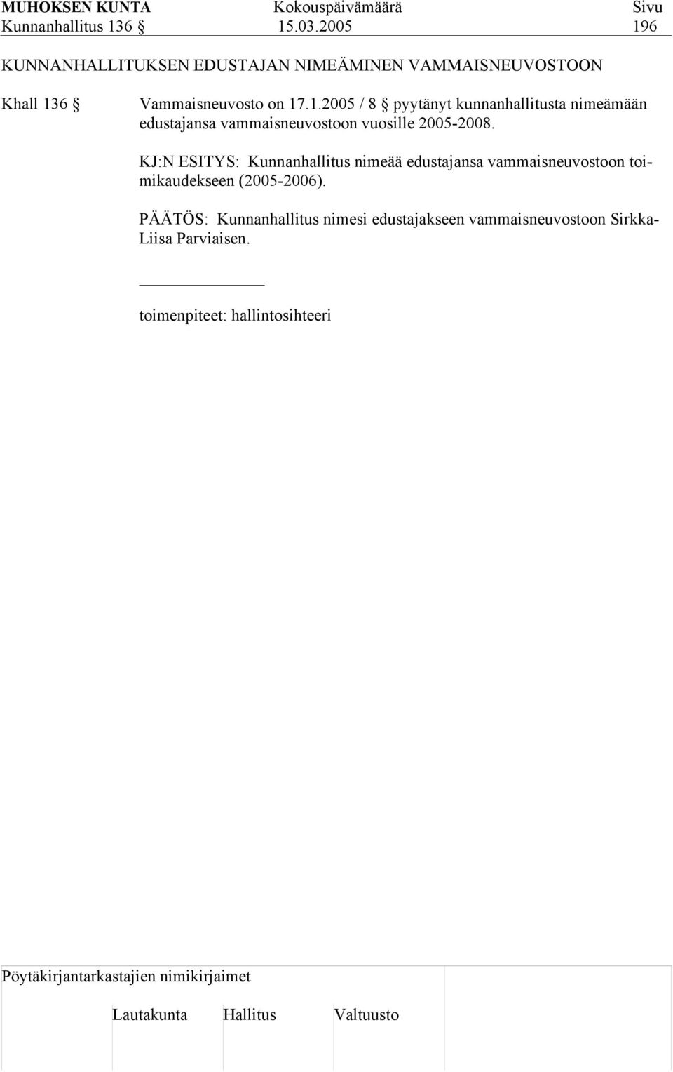 KJ:N ESITYS: Kunnanhallitus nimeää edustajansa vammaisneuvostoon toimikaudekseen (2005-2006).