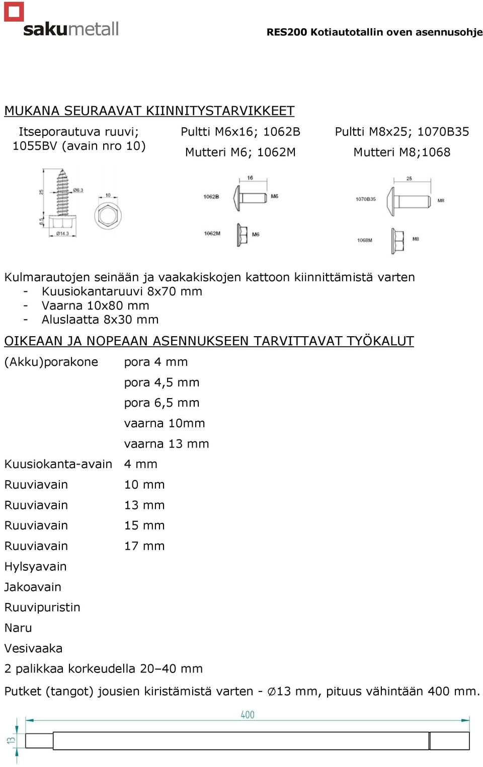 TARVITTAVAT TYÖKALUT (Akku)porakone pora 4 mm Kuusiokanta-avain 4 mm Ruuviavain Ruuviavain Ruuviavain Ruuviavain Hylsyavain Jakoavain Ruuvipuristin Naru Vesivaaka