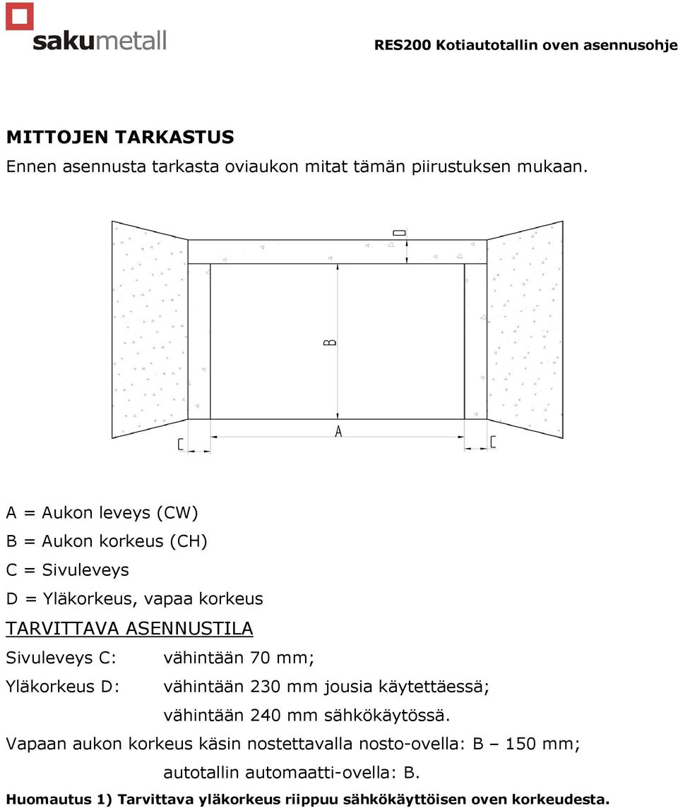 Sivuleveys C: vähintään 70 mm; Yläkorkeus D: vähintään 230 mm jousia käytettäessä; vähintään 240 mm sähkökäytössä.