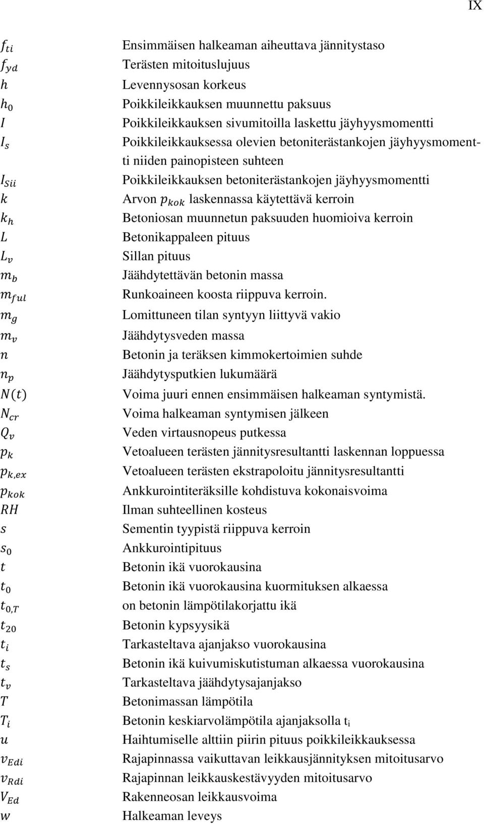 muunnetun paksuuden huomioiva kerroin Betonikappaleen pituus Sillan pituus Jäähdytettävän betonin massa Runkoaineen koosta riippuva kerroin.