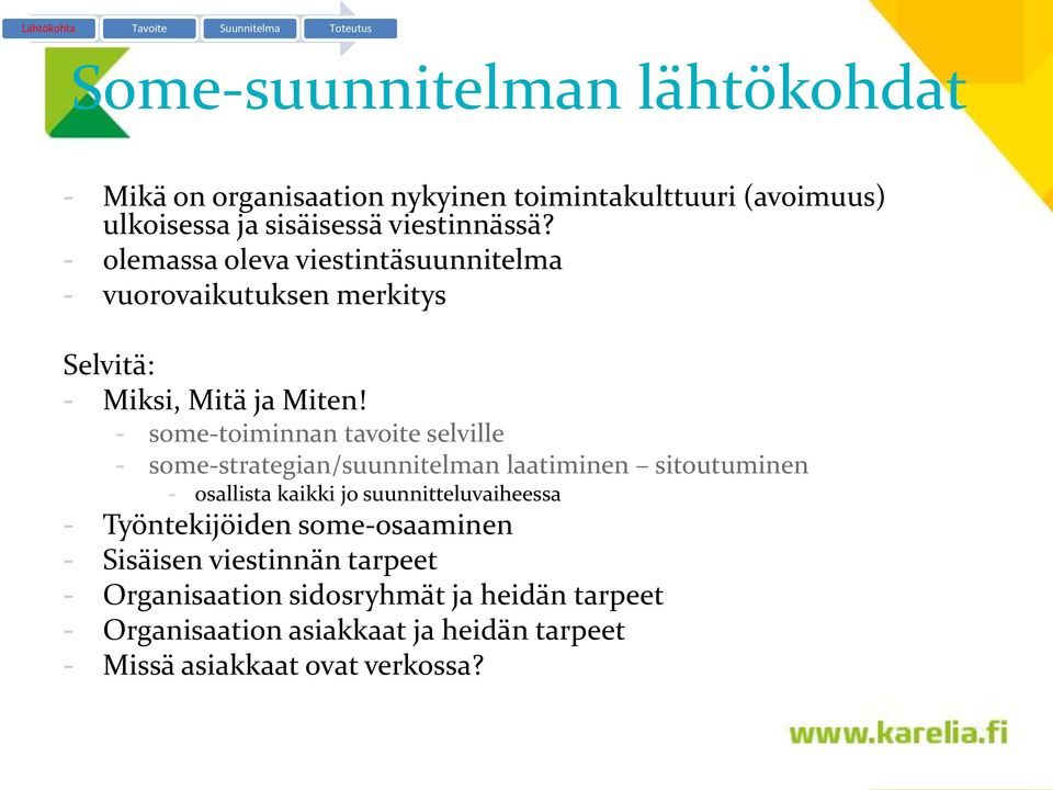 - some-toiminnan tavoite selville - some-strategian/suunnitelman laatiminen sitoutuminen - osallista kaikki jo suunnitteluvaiheessa -