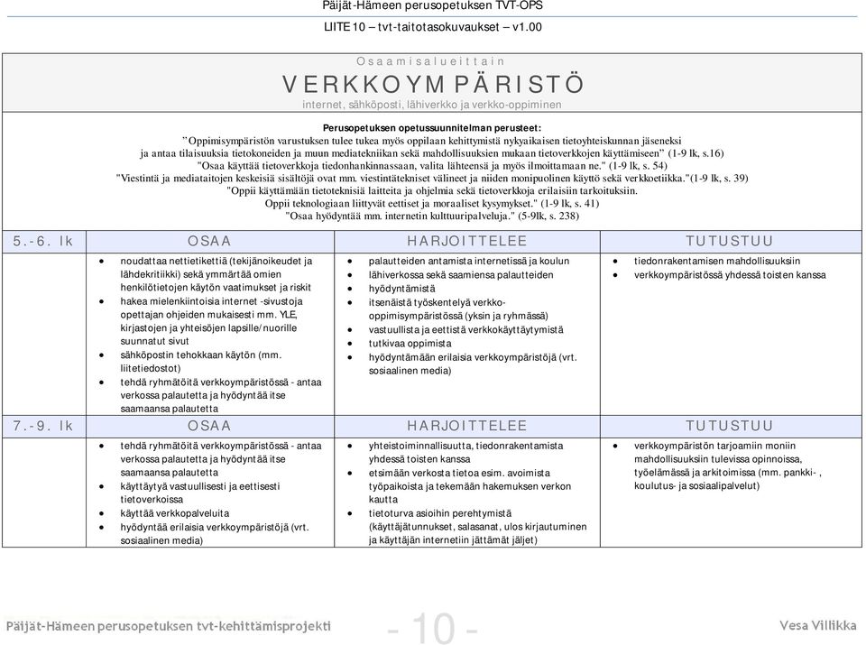 16) "Osaa käyttää tietoverkkoja tiedonhankinnassaan, valita lähteensä ja myös ilmoittamaan ne." (1-9 lk, s. 54) "Viestintä ja mediataitojen keskeisiä sisältöjä ovat mm.