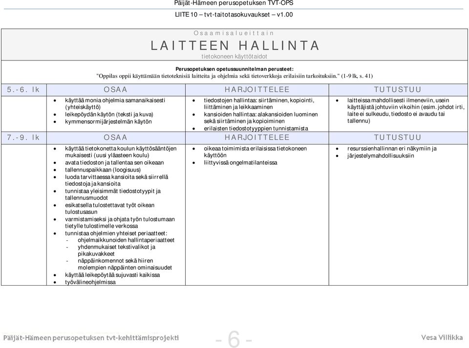 lk käyttää monia ohjelmia samanaikaisesti (yhteiskäyttö) leikepöydän käytön (teksti ja kuva) kymmensormijärjestelmän käytön tiedostojen hallintaa: siirtäminen, kopiointi, liittäminen ja leikkaaminen