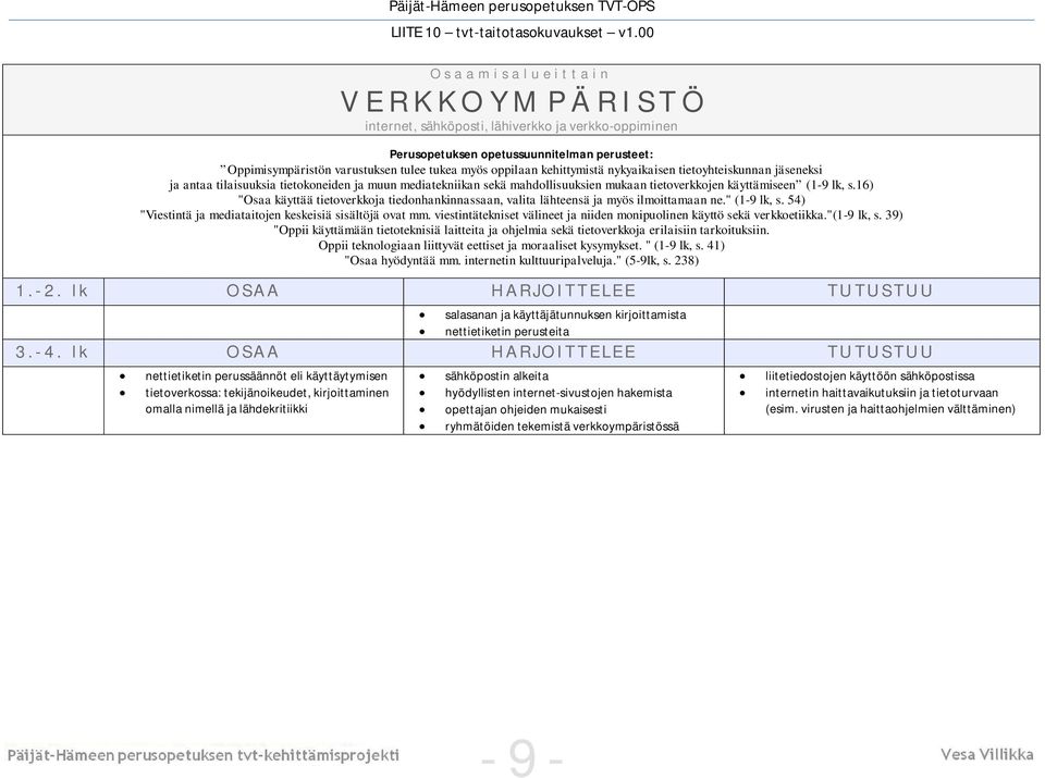 16) "Osaa käyttää tietoverkkoja tiedonhankinnassaan, valita lähteensä ja myös ilmoittamaan ne." (1-9 lk, s. 54) "Viestintä ja mediataitojen keskeisiä sisältöjä ovat mm.